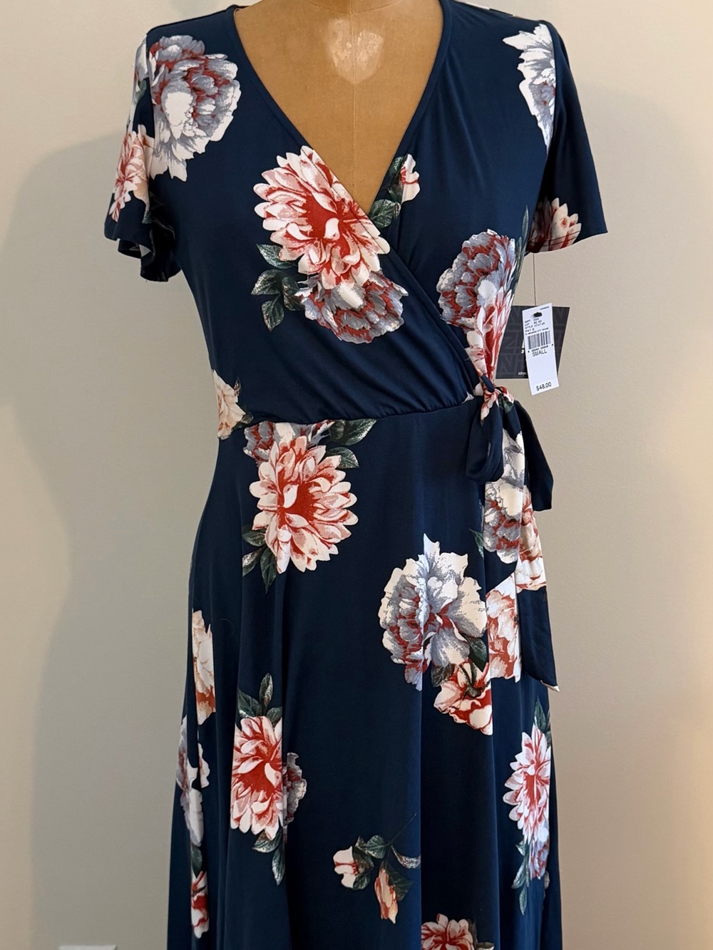 Iz Byer - Floral Wrap Midi Dress in Navy with Pink Blooms